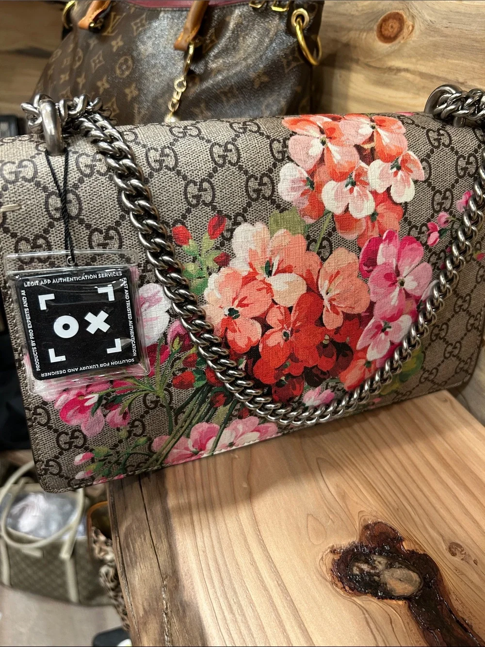 Gucci Beige GG Supreme Blooms Dionysus Shoulder Bag with Pink Floral Accent